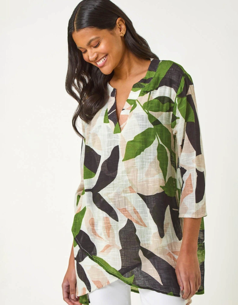 Leaf Print Wrap Front Tunic Top - Green