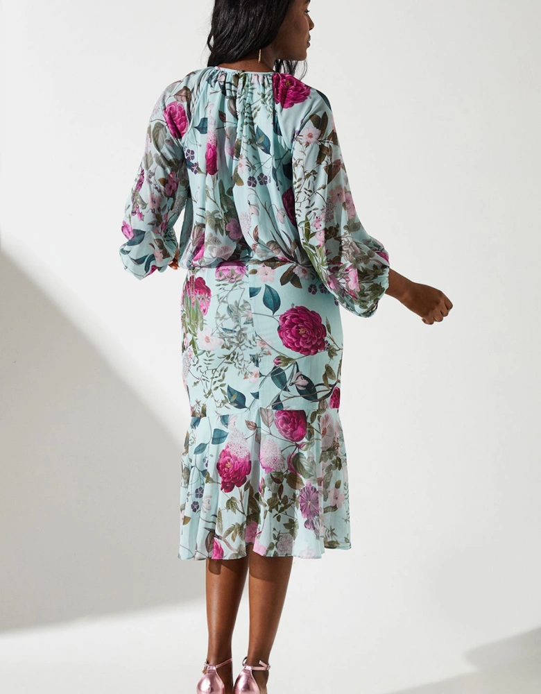 Printed Chiffon Blouson Midi Dress