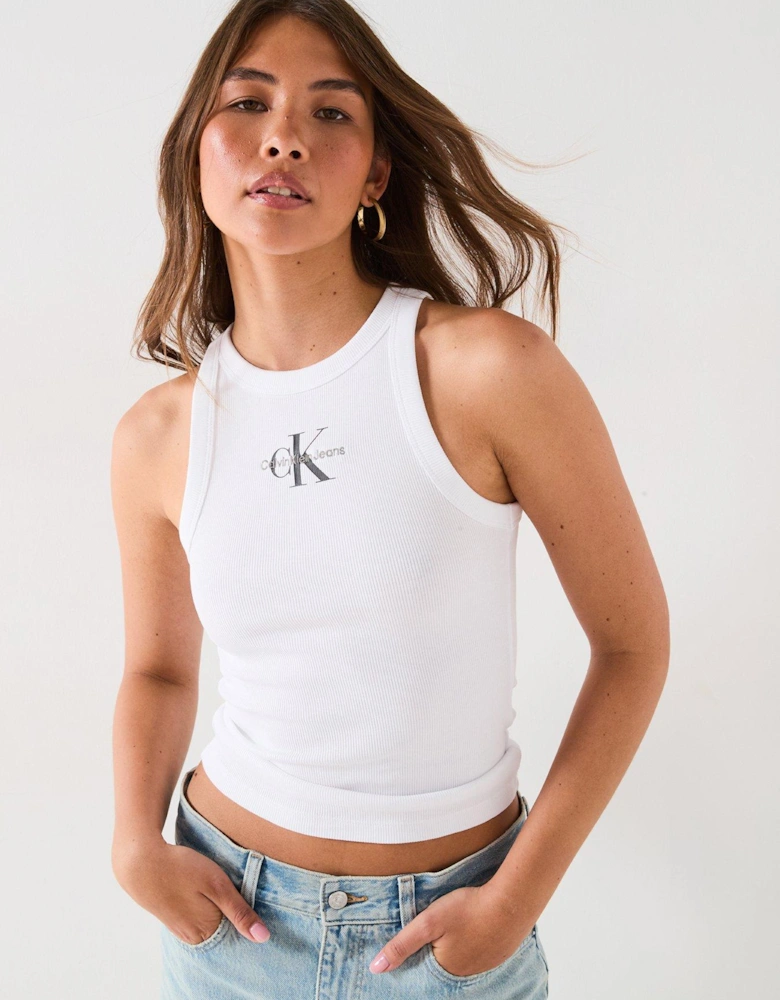 Logo Ribbed Tank Top - White