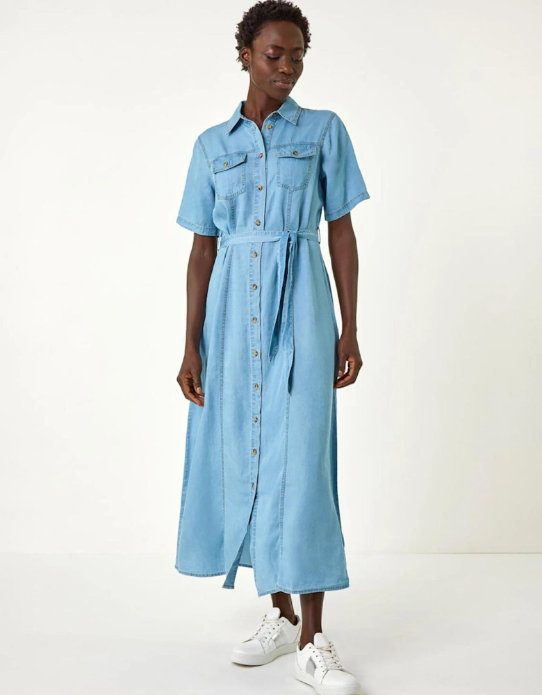 Button Through Midi Dress - Light Denim