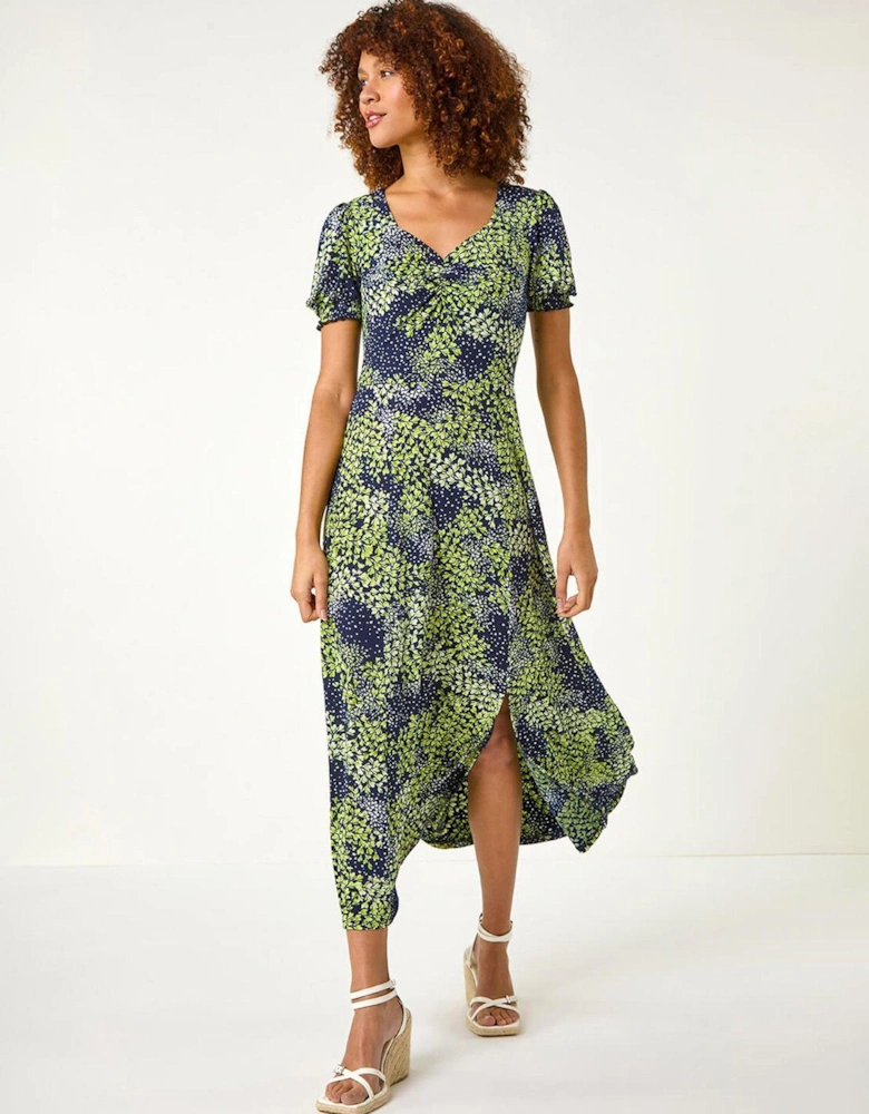 Floral Print Ruched Stretch Midi Dress - Lime