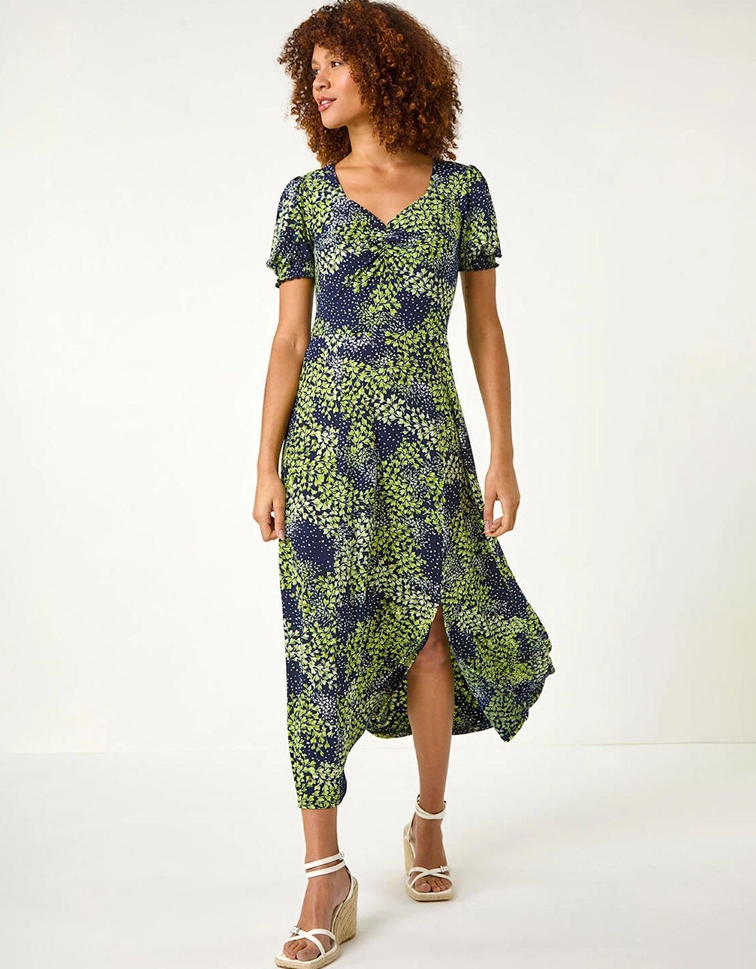 Floral Print Ruched Stretch Midi Dress - Lime, 2 of 1