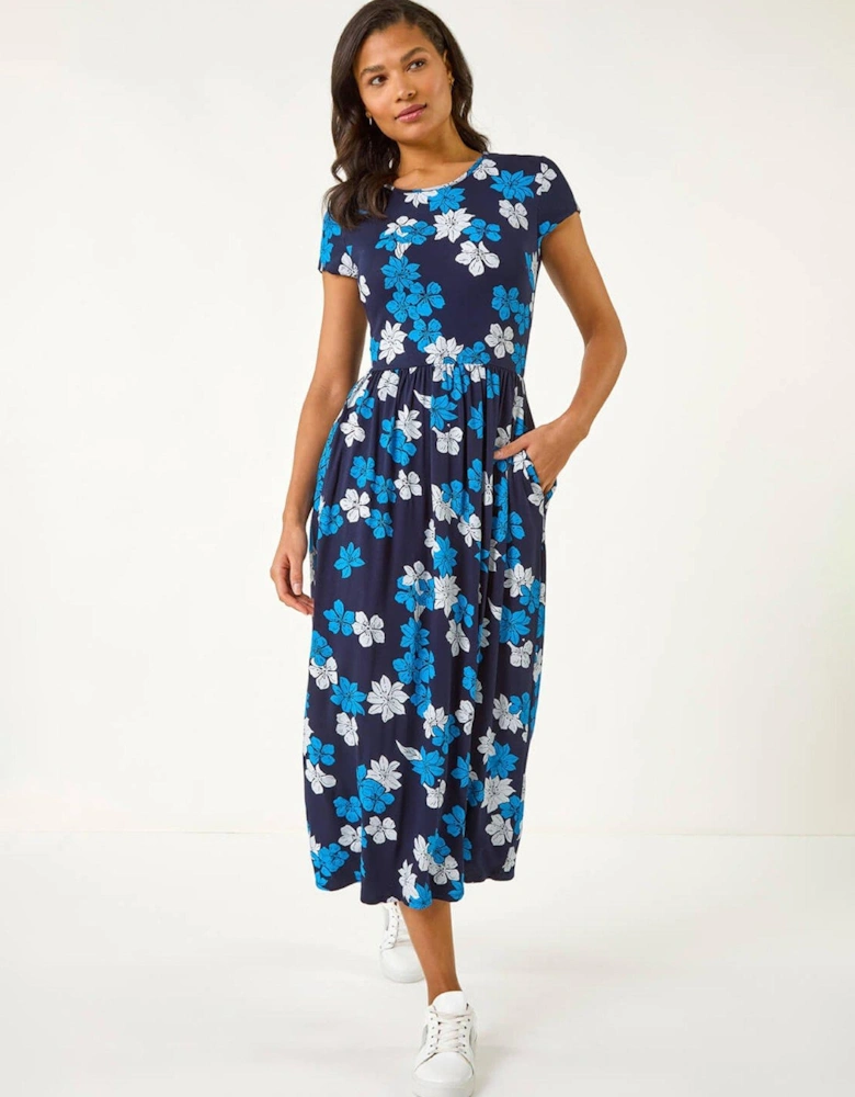 Floral Print Pocket Midi Dress - Navy