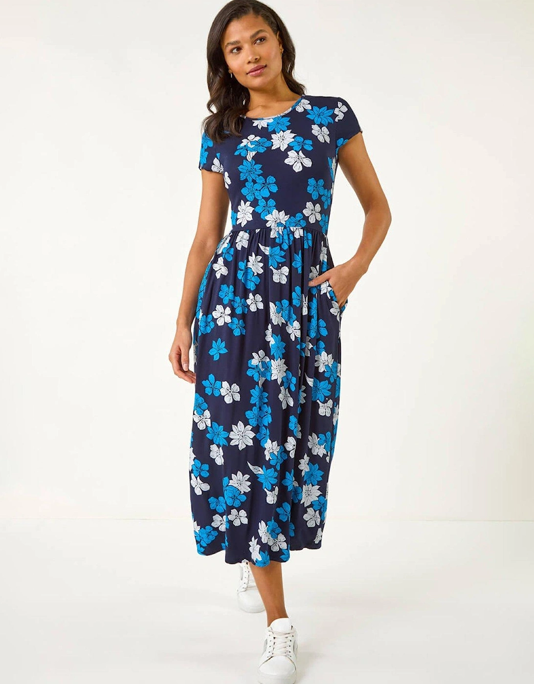 Floral Print Pocket Midi Dress - Navy, 2 of 1