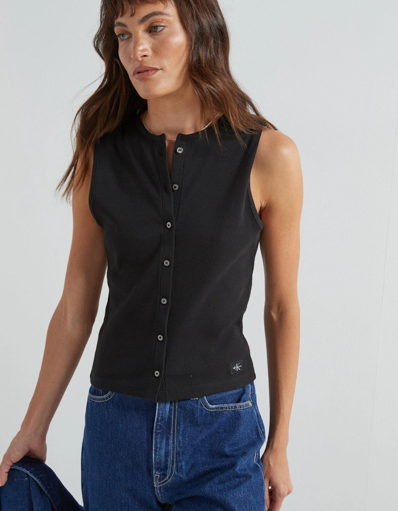 Ribbed Button Down Sleeveless Cardigan Waistcoat - Black