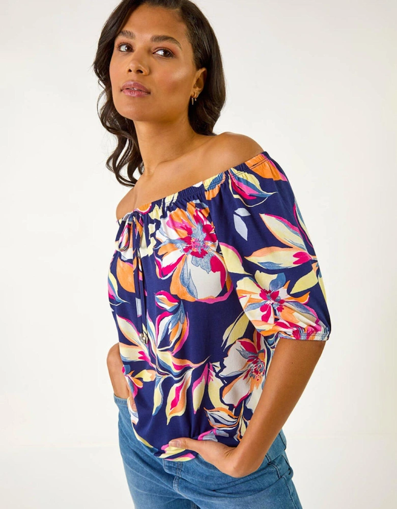 Floral Print Bardot Stretch Top - Navy