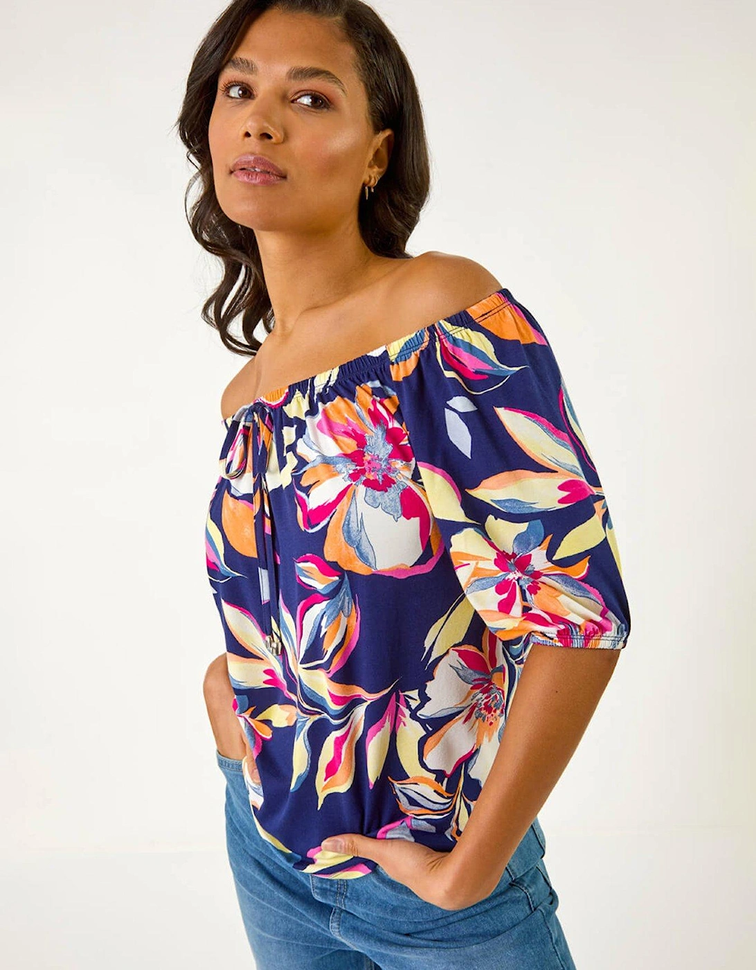 Floral Print Bardot Stretch Top - Navy, 2 of 1