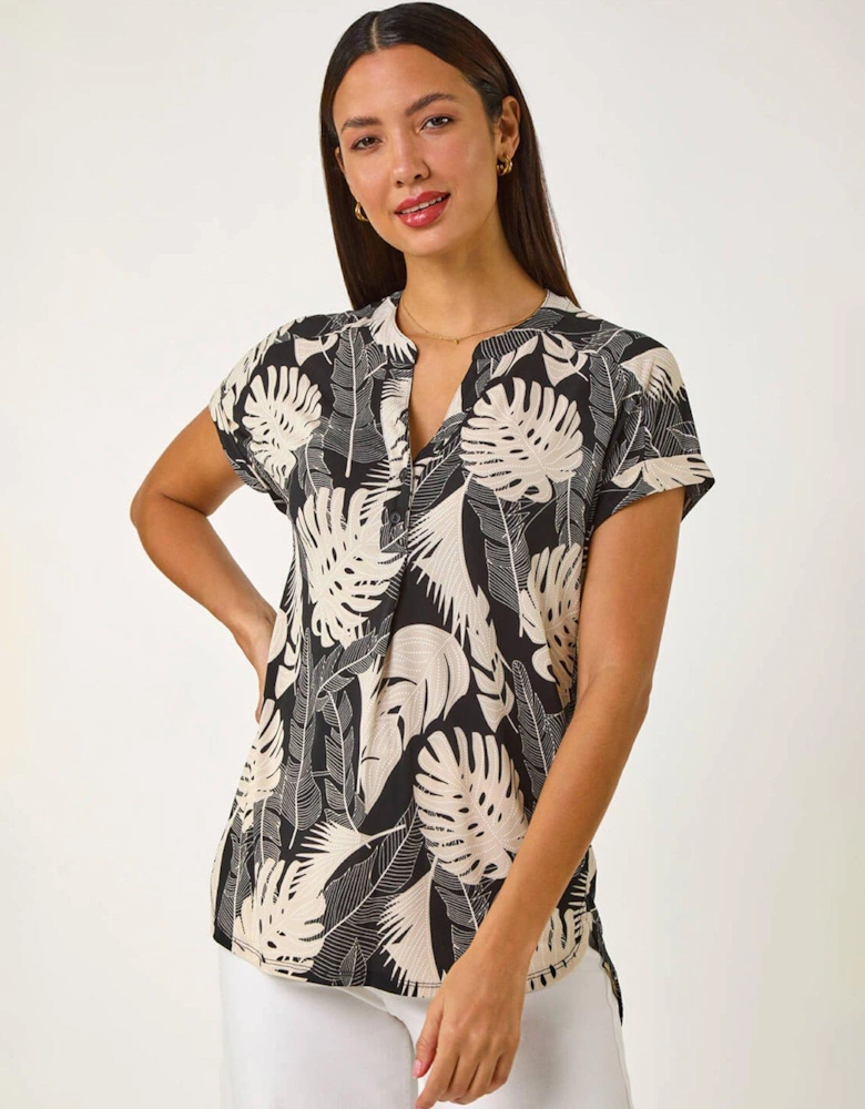 Textured Leaf Print V-neck Stretch Top - Stone