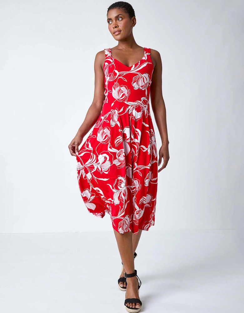 Textured Floral Print Midi Stretch Dress