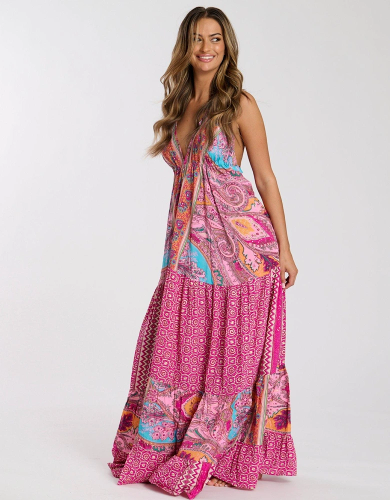 Printed Halter Scarf Maxi Dress