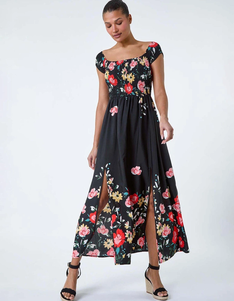 Floral Shirred Bardot Maxi Dress