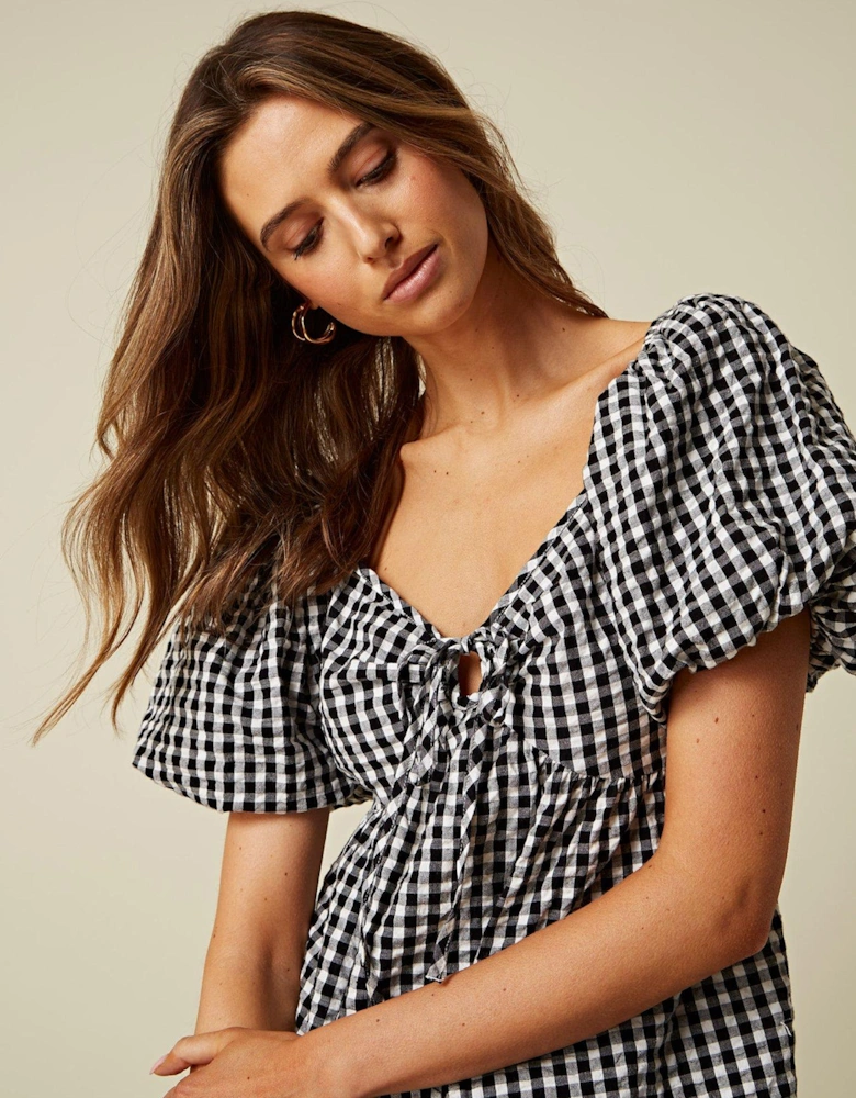 Saffy Gingham Tie Front Top - Black