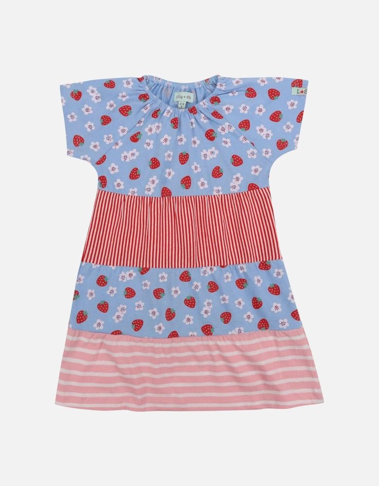 Girls Strawberry & Red Stripe Tier Dress - Pink