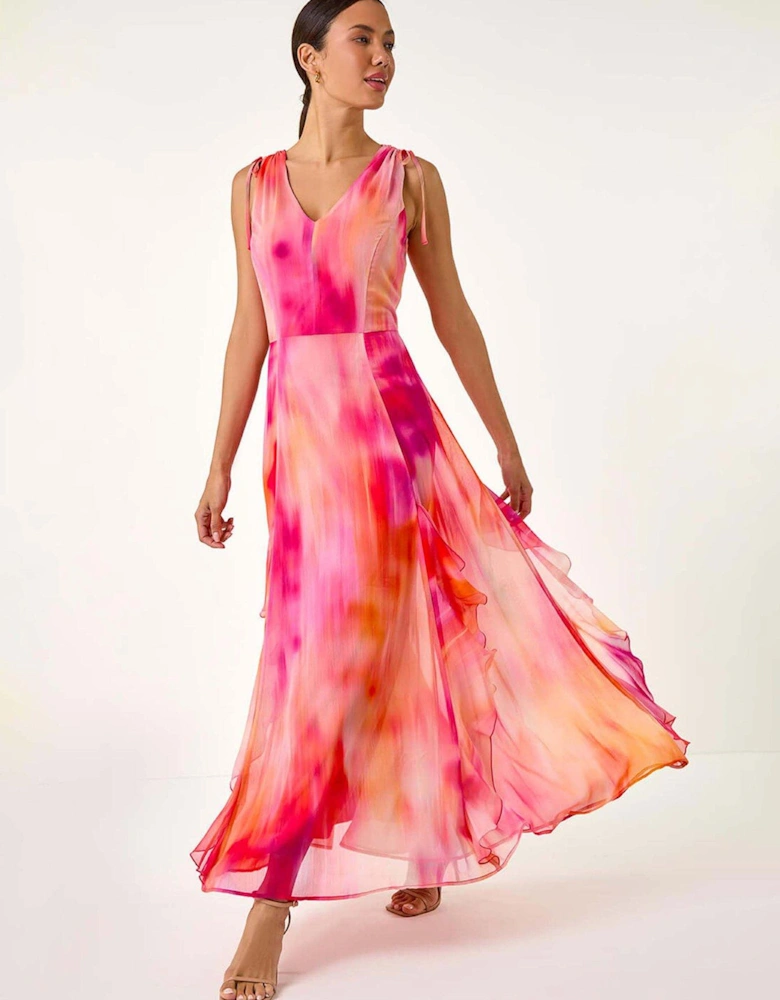 Abstract Print Frill Maxi Dress