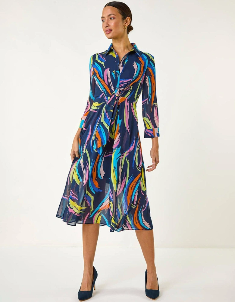 Abstract Print Tie Front Shirt Dress - Navy