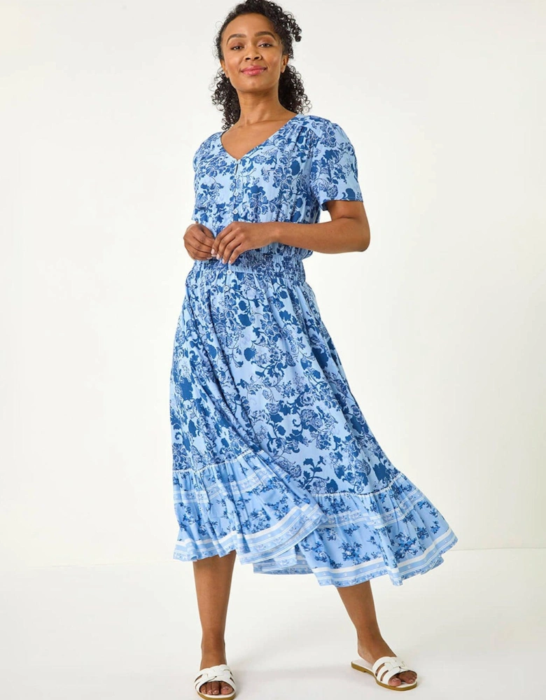 Petite Floral Print Border Midi Dress - Blue