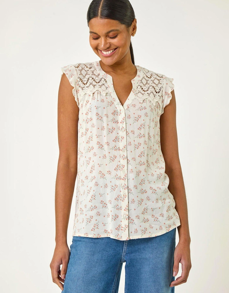 Lace Yoke Floral Blouse - Pink