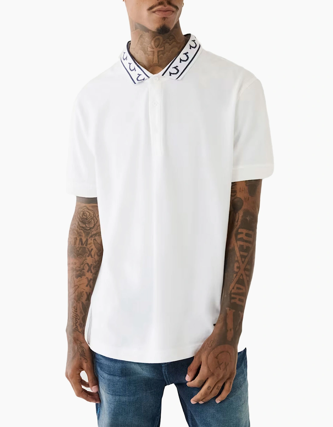 True Religion Men's True Religion Mens Polo Shirt Relaxed Fit Branded Collar SS Pique Polo Shirts - White