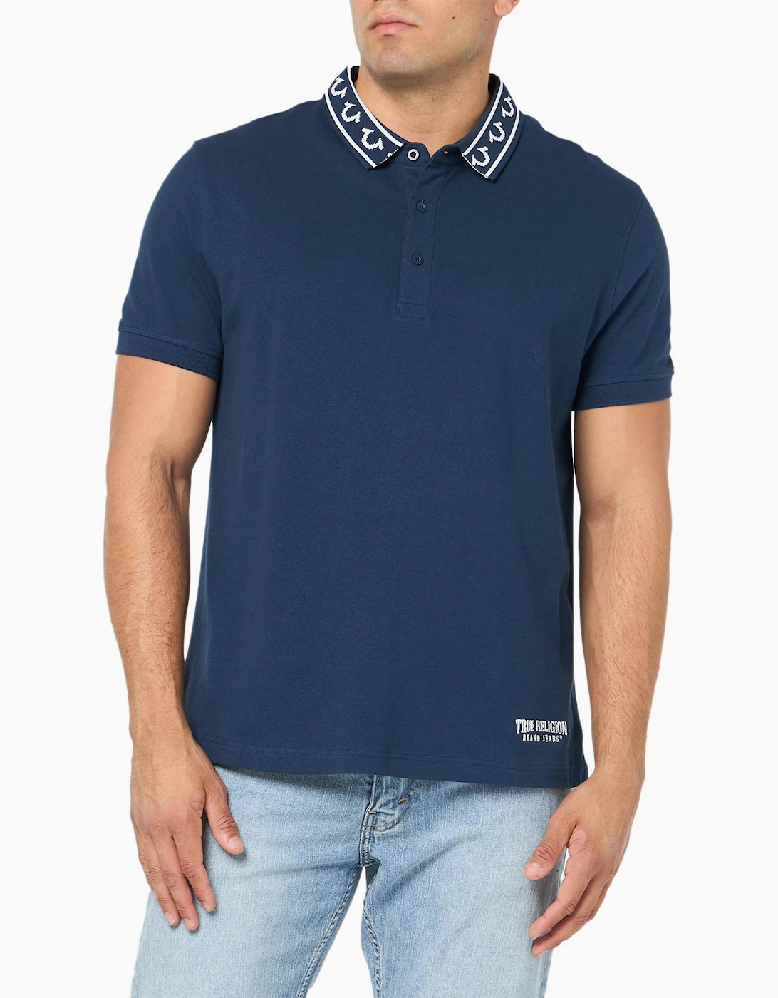 Men's True Religion Mens Polo Shirt Relaxed Fit Branded Collar SS Pique Polo Shirts - Navy - Size: 36