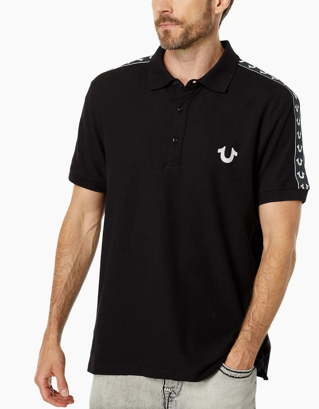 True Religion Men's True Religion Mens Polo Shirt Relaxed Fit SS Damask Velour Pique Polo Shirts - Black