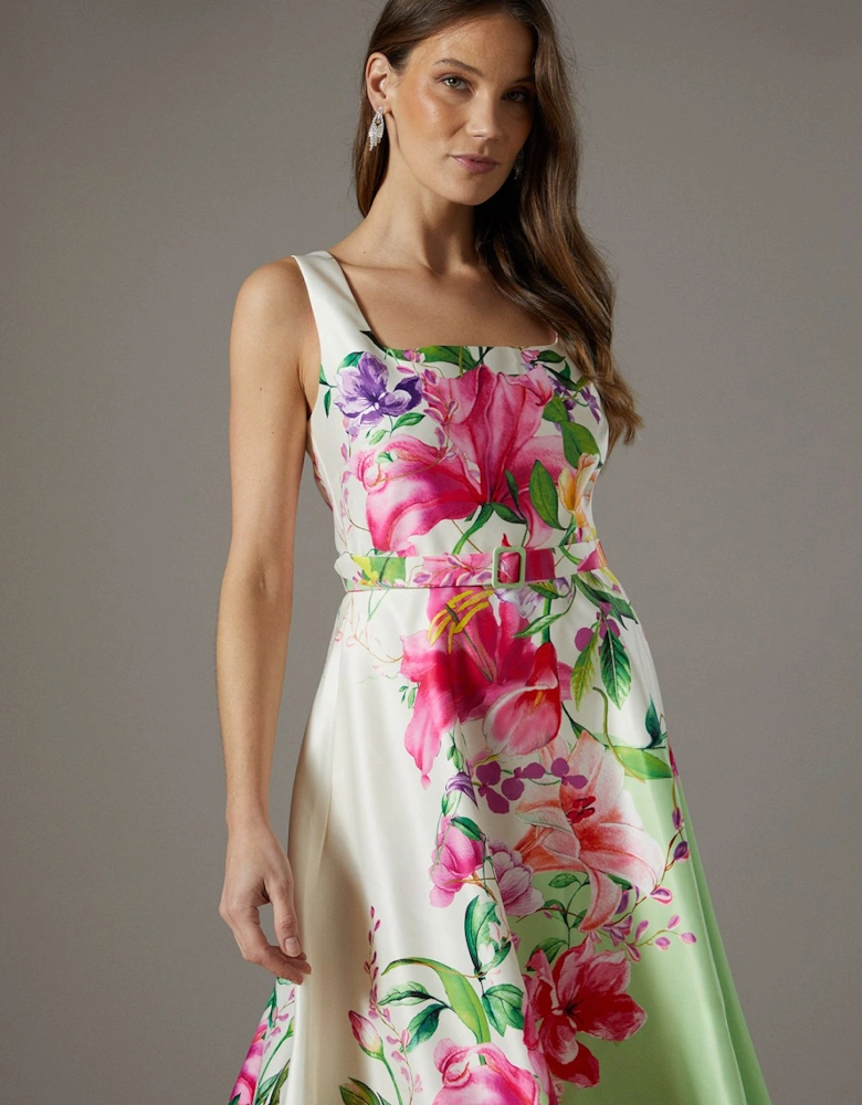 Belted Square Neck Placement Print Midi Dress