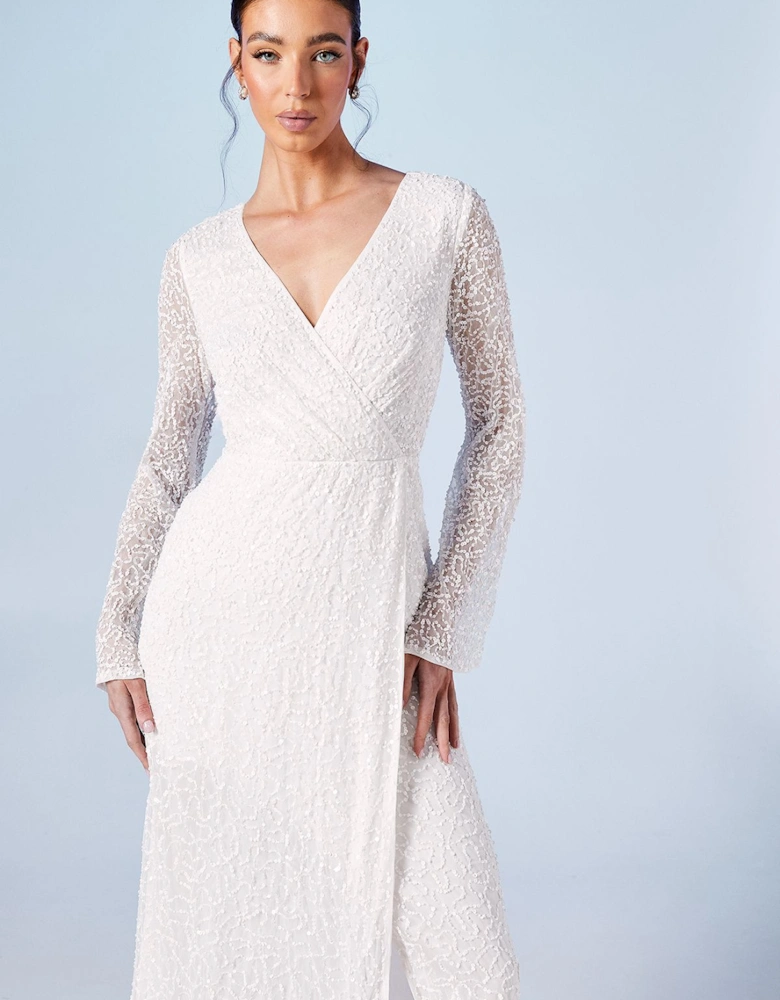 Wrap Bodice Long Sleeve Sequin Wedding Dress