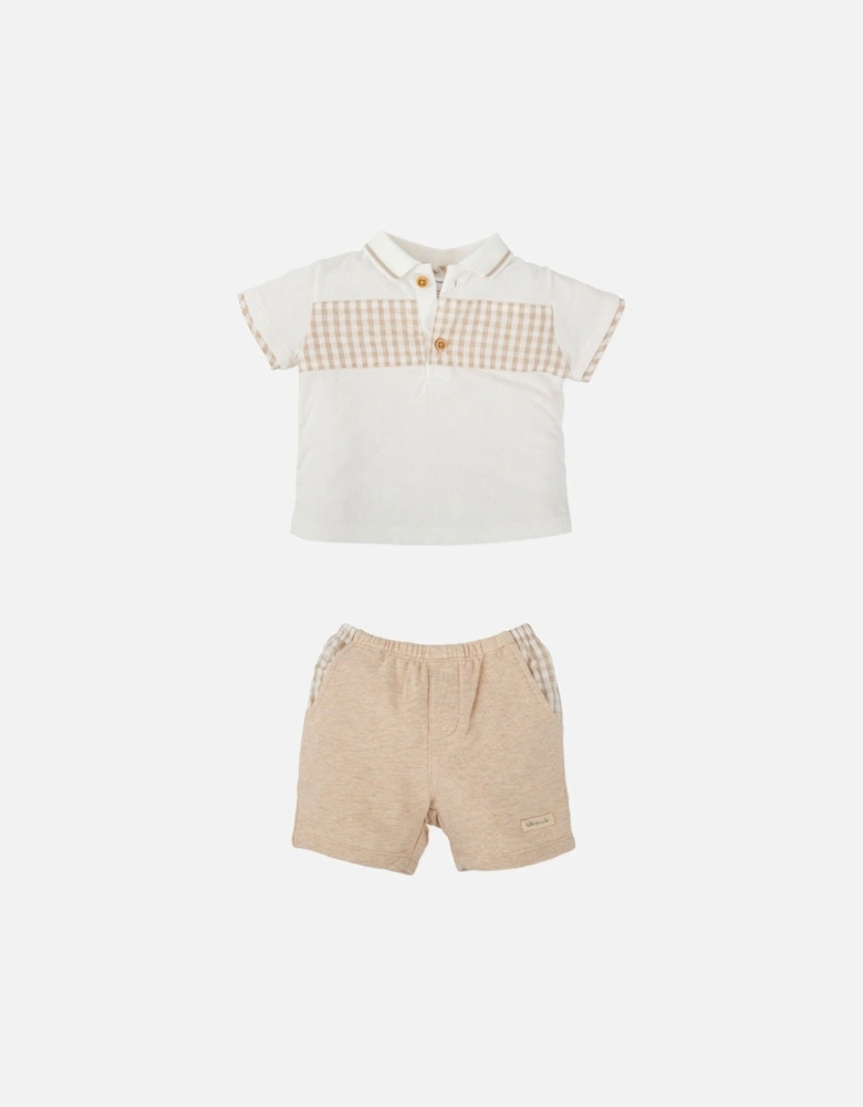 Boys Beige Gingham Polo Short Set