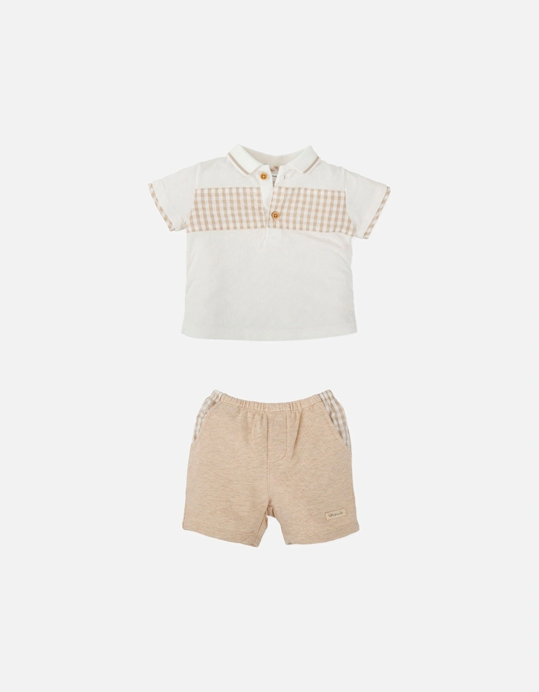 Boys Beige Gingham Polo Short Set