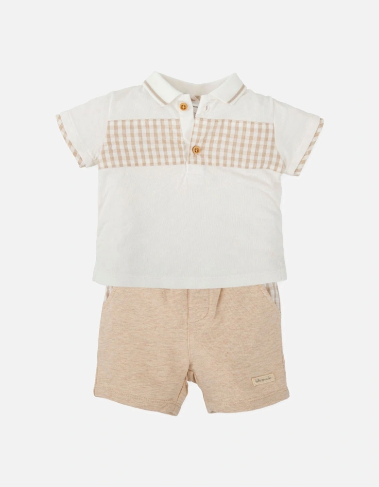 Boys Beige Gingham Polo Short Set