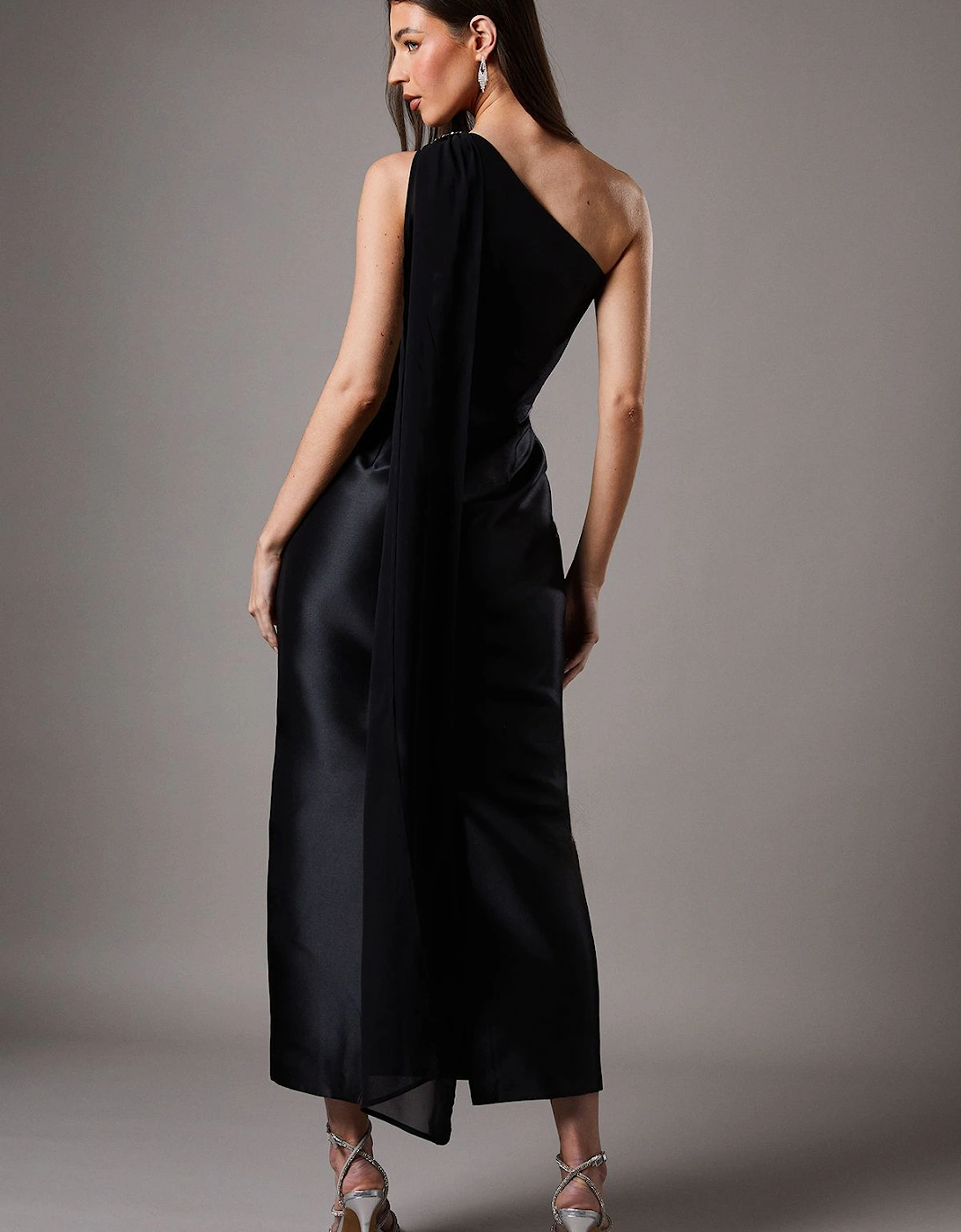 One Shoulder Twill Gown With Diamante Brooch