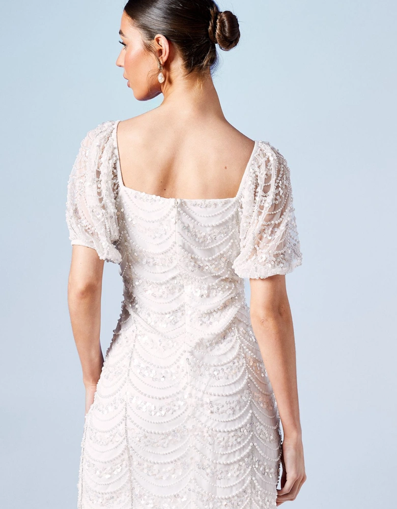 Pearl Scallop Detail Embellished Bridal Mini Dress