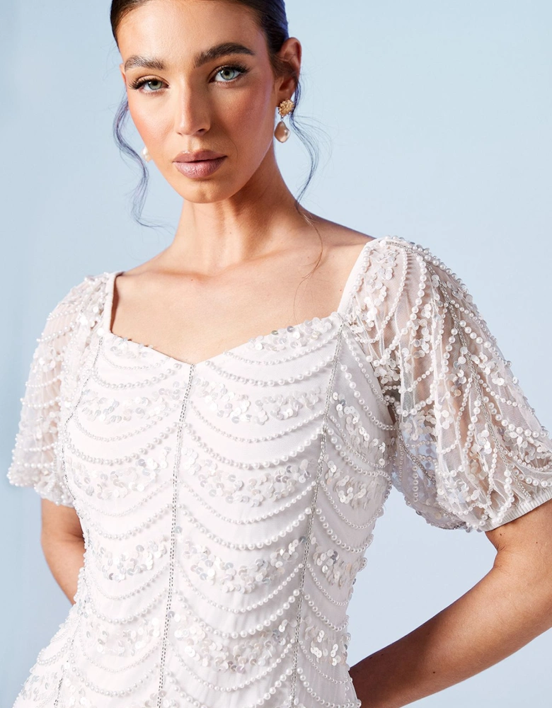 Pearl Scallop Detail Embellished Bridal Mini Dress