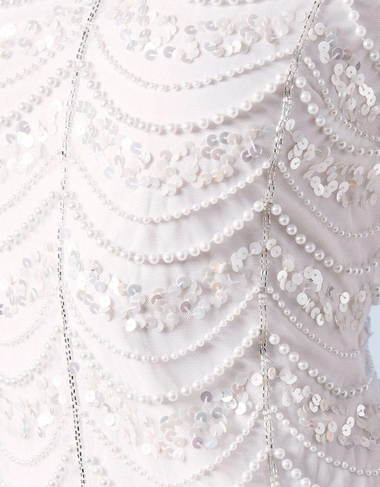 Pearl Scallop Detail Embellished Bridal Mini Dress