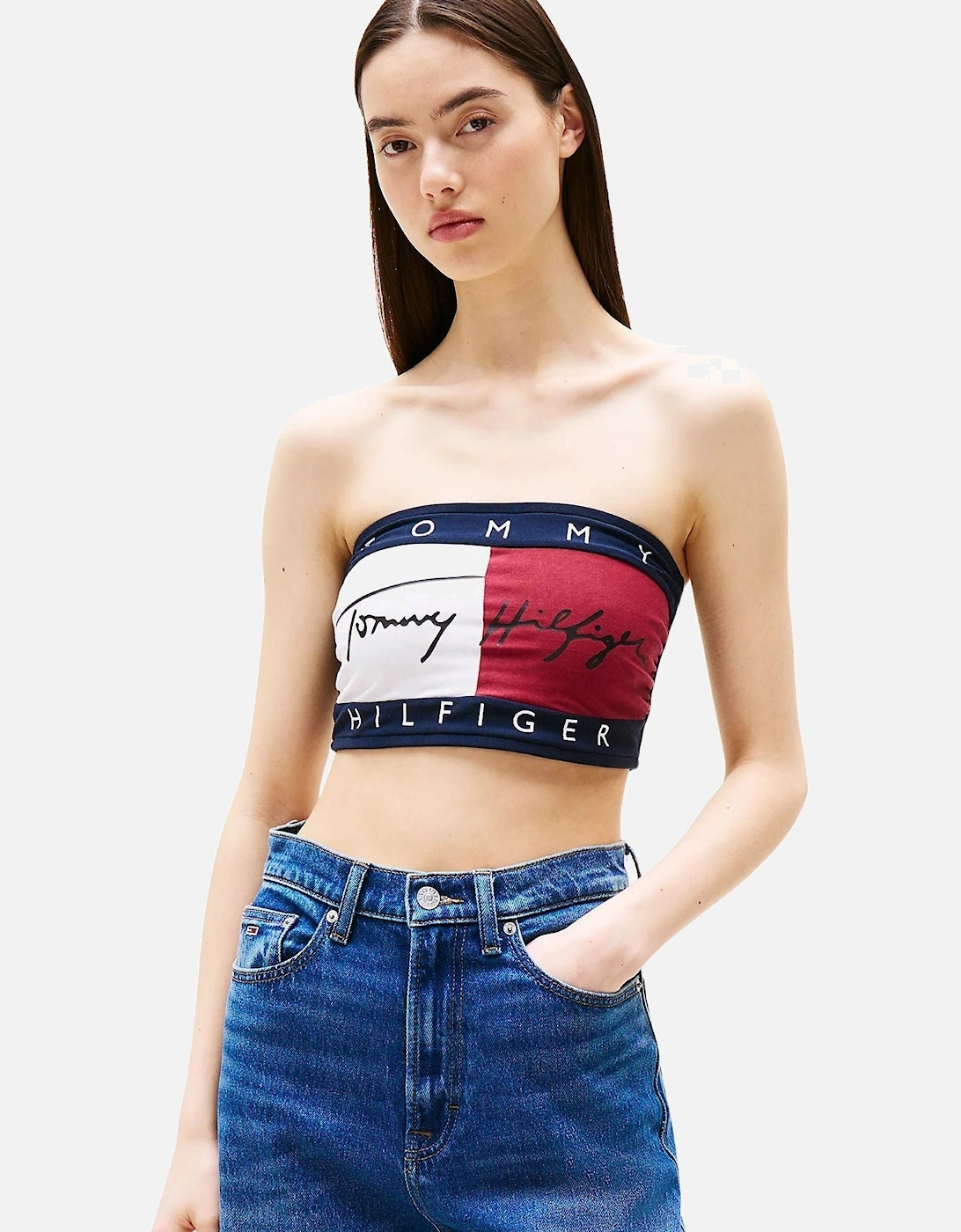 Tommy Hilfiger Women's Flag Logo Signature Bandeau Bra, Red/White/Navy - Size: XS