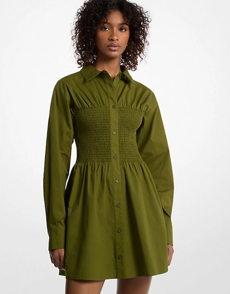 Stretch Cotton Poplin Smocked Shirtdress