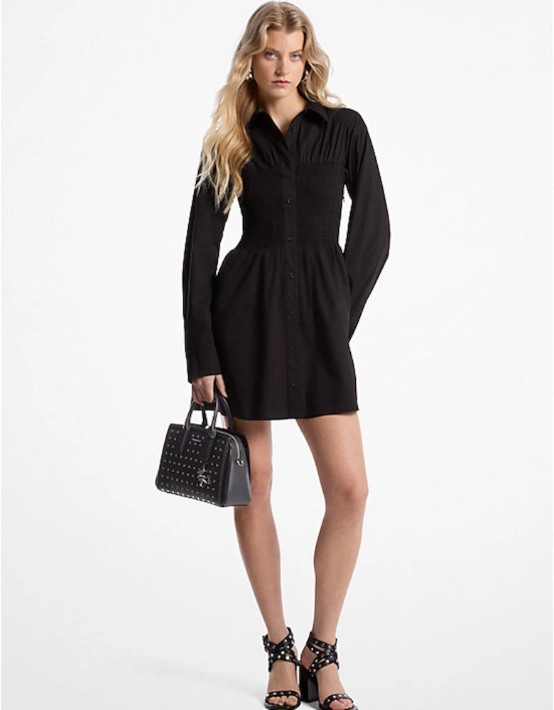 Stretch Cotton Poplin Smocked Shirtdress