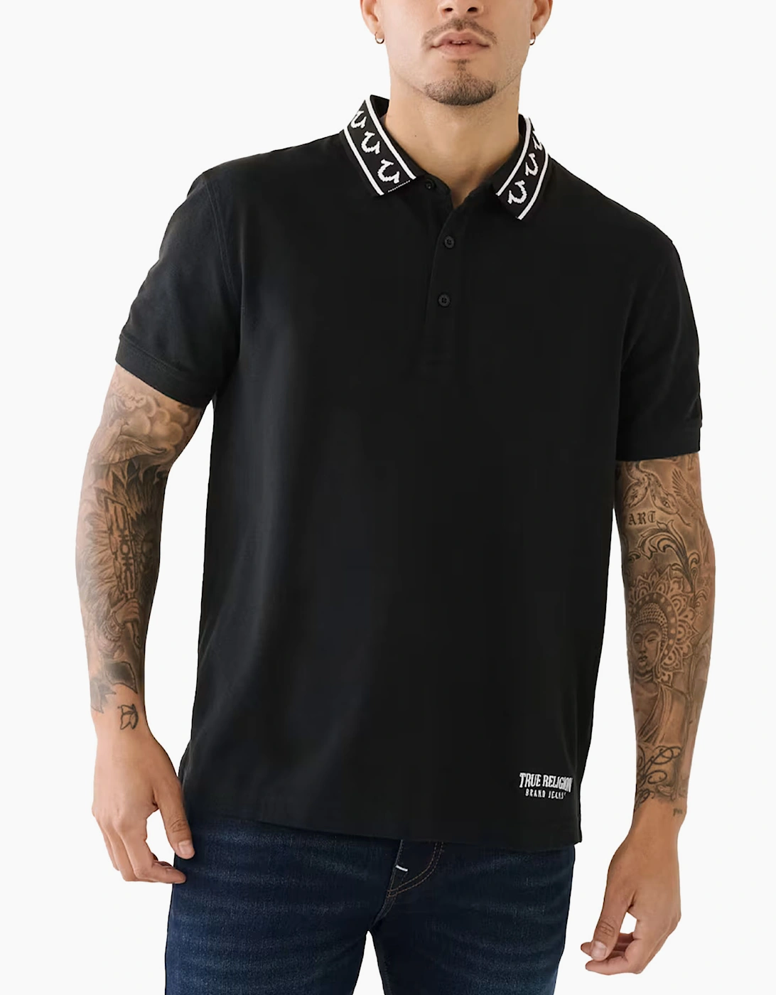 Men's True Religion Mens Polo Shirt Relaxed Fit Branded Collar SS Pique Polo Shirts - Black - Size: 36