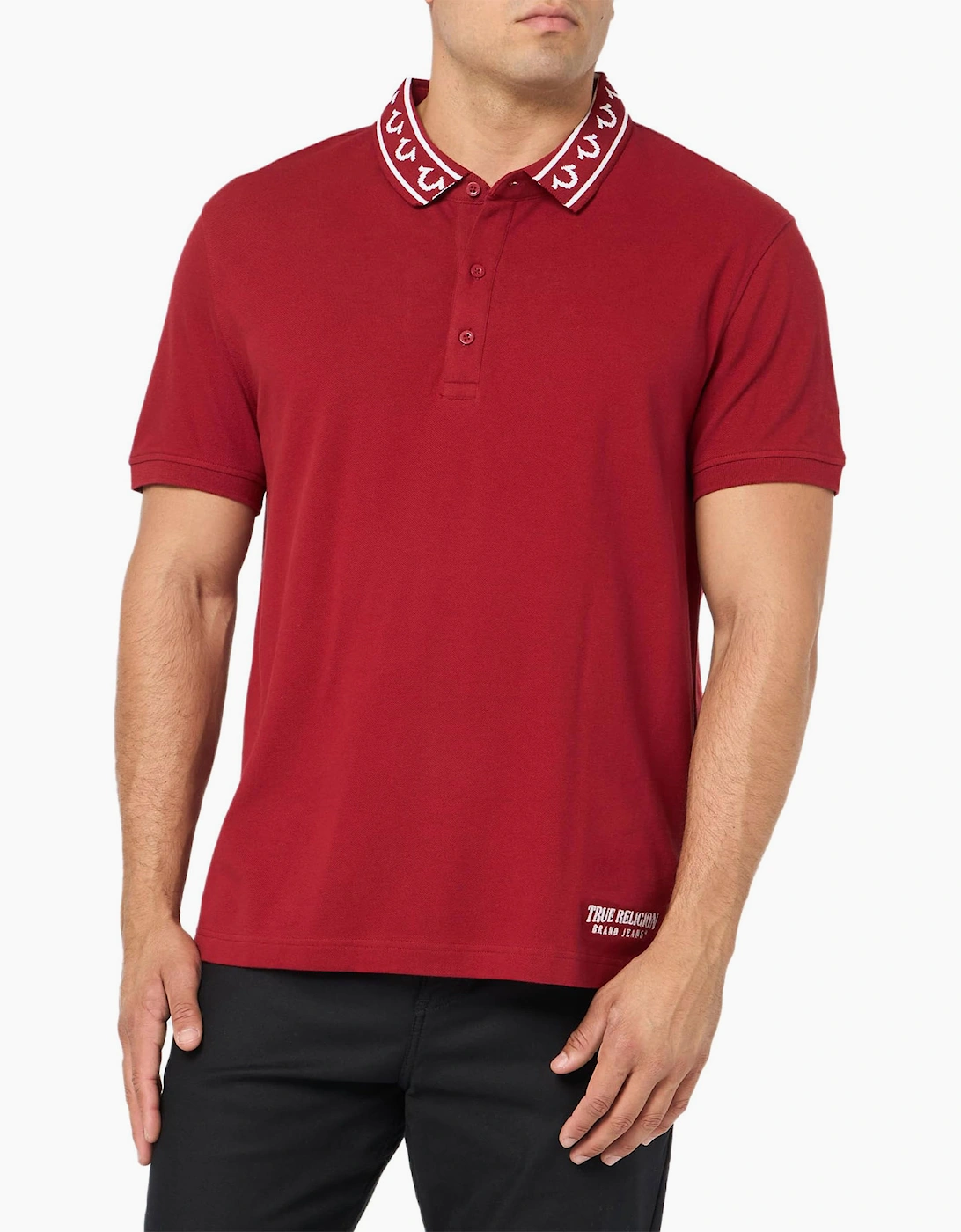Men's True Religion Mens Polo Shirt Relaxed Fit Branded Collar SS Pique Polo Shirts - Red - Size: 42