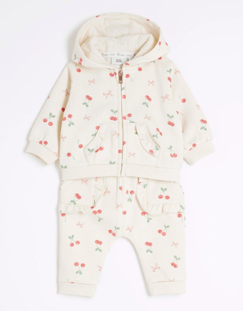 Baby Girls Cherry Zip Hoodie Set - Beige