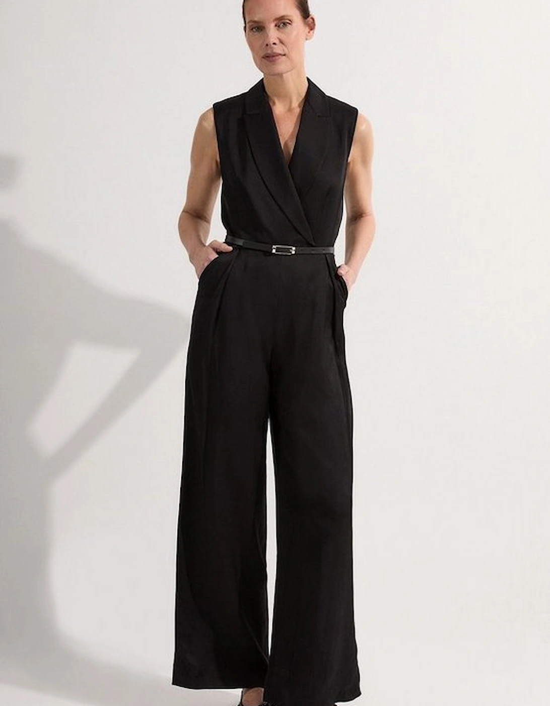 Petite Premium Viscose Linen Tailored Belted Wide Leg Jumpsuit