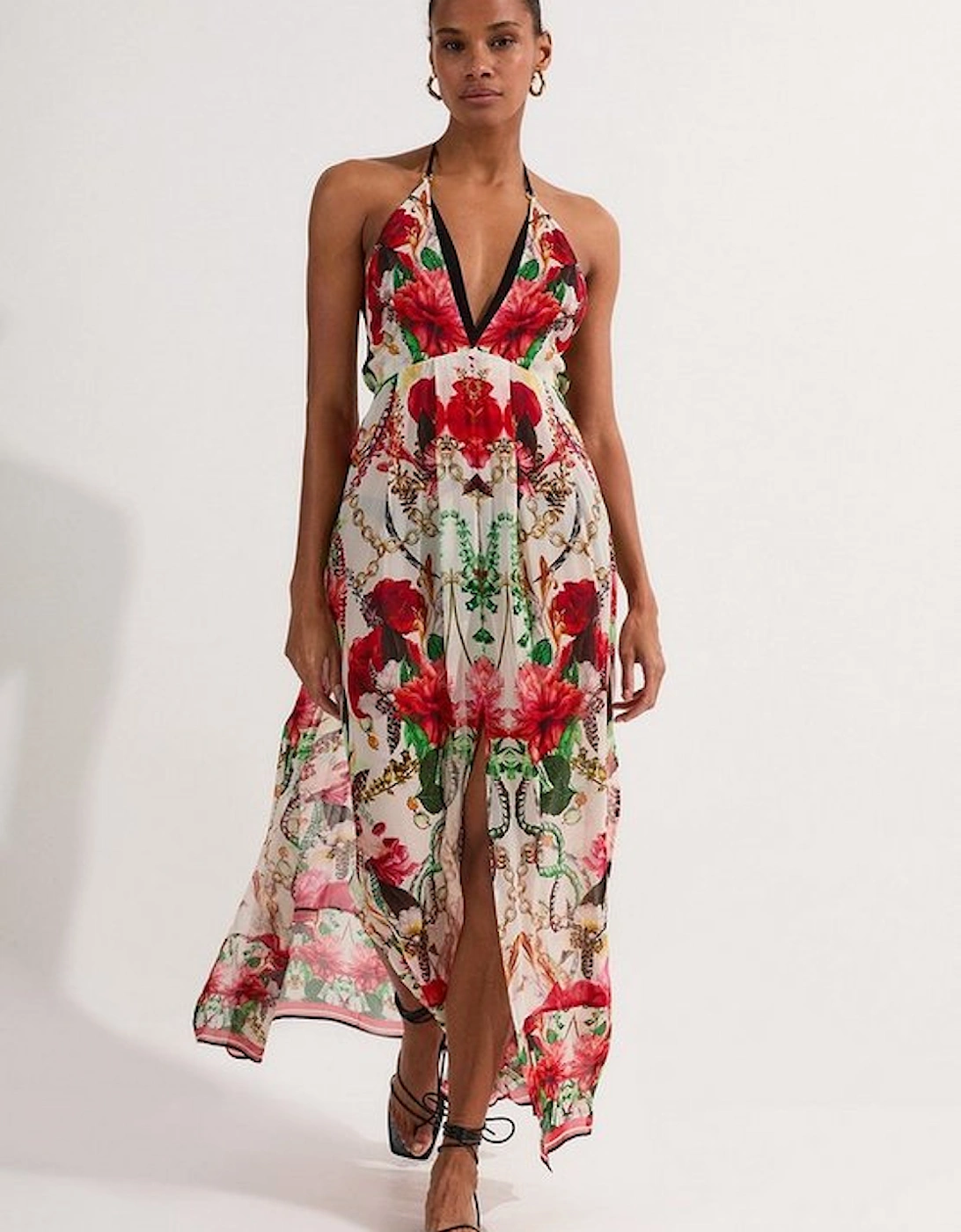 Beach Viscose Georgette Mirrored Rose Print Woven Maxi Dress, 4 of 3