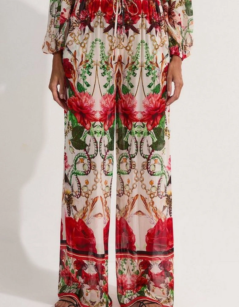 Beach Viscose Georgette Mirrored Rose Print Wide Leg Trouser