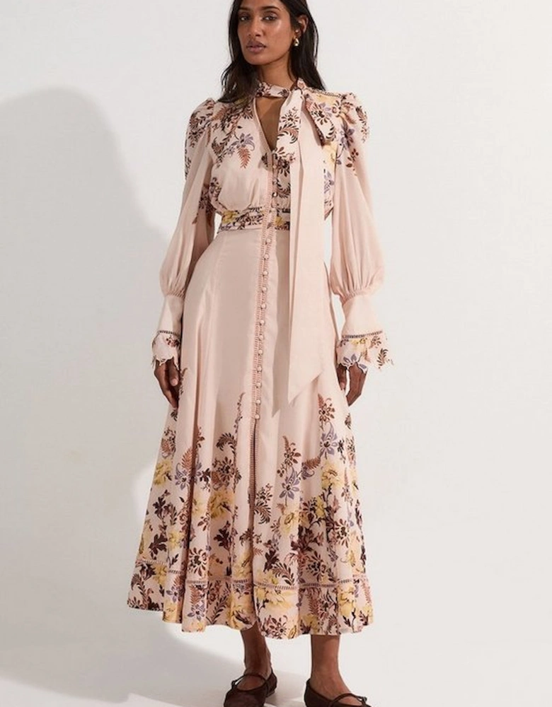 Voile Floral Border Print Woven Maxi Dress With Ladder Lace Trim