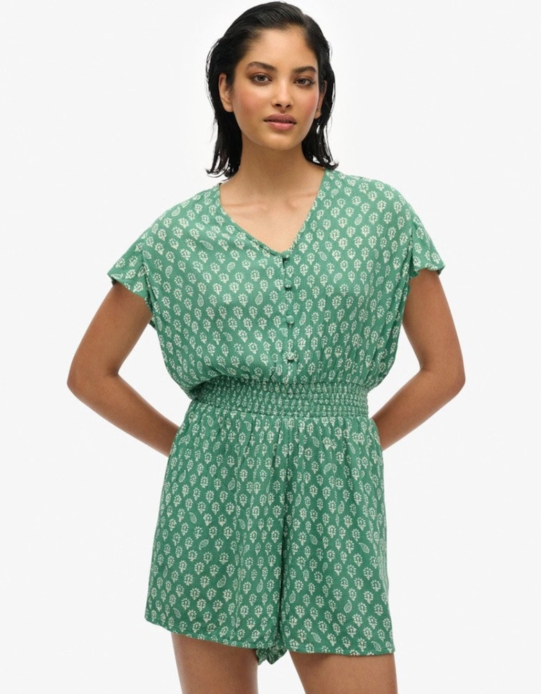 Women's Short Sleeve Printed Playsuit Floral Block Green