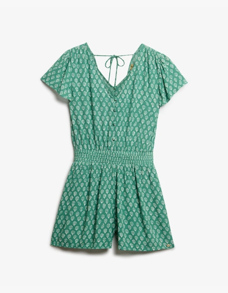 Women's Short Sleeve Printed Playsuit Floral Block Green