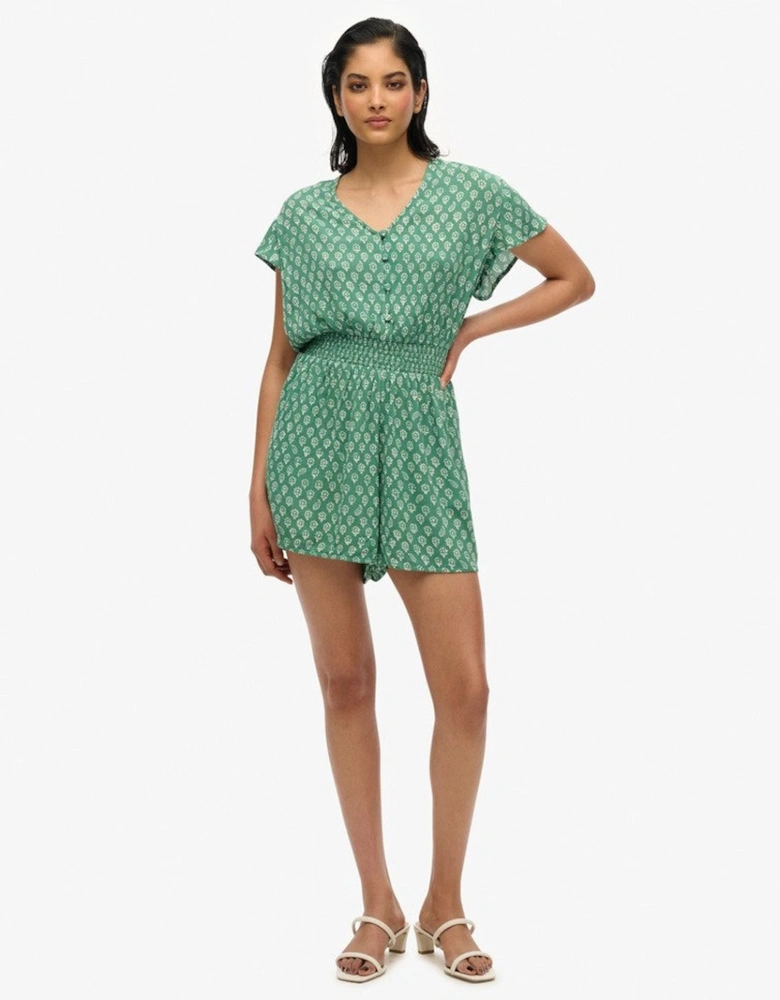 Women's Short Sleeve Printed Playsuit Floral Block Green