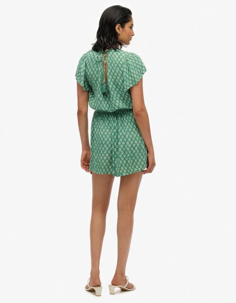 Women's Short Sleeve Printed Playsuit Floral Block Green