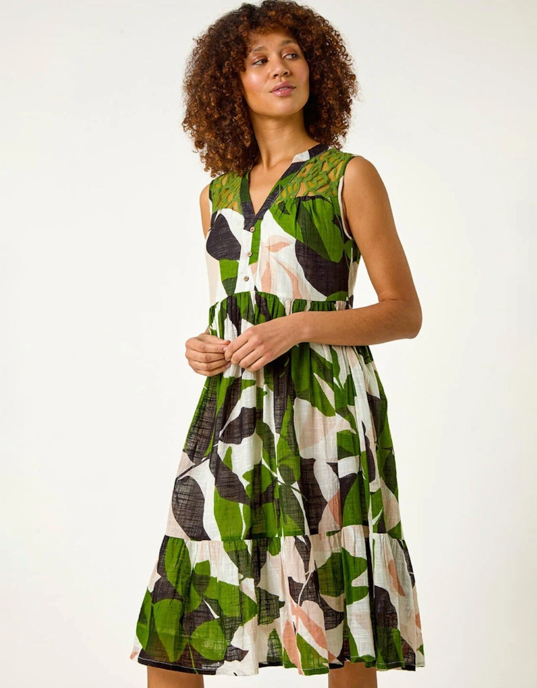 Leaf Print Tiered Smock Midi Dress