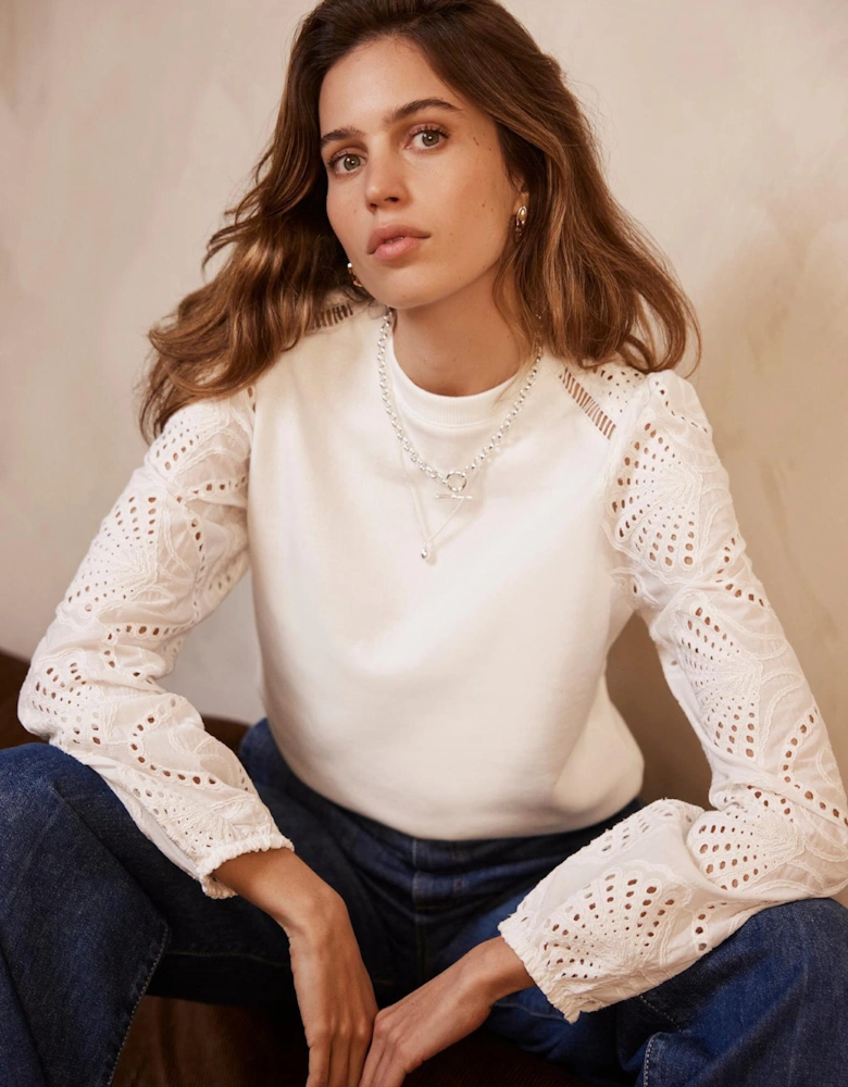 White Broderie Sleeve Sweatshirt - Cream