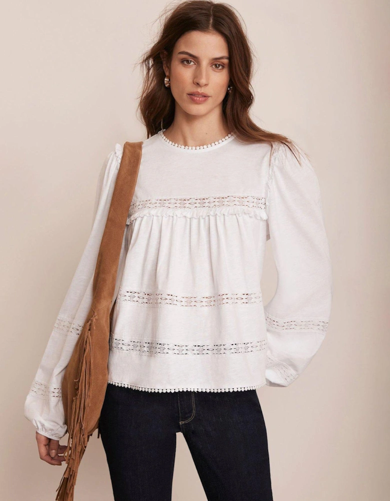 White Lace Trim Blouse - Cream